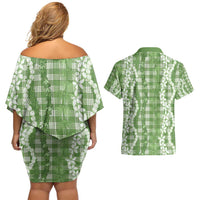 Hawaiian Ohia Lehua Lei Couples Matching Off Shoulder Short Dress and Hawaiian Shirt Plaid Palaka Omaomao Pattern - Polynesian Pride