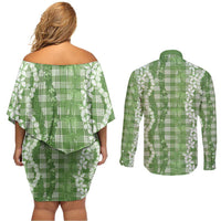 Hawaiian Ohia Lehua Lei Couples Matching Off Shoulder Short Dress and Long Sleeve Button Shirt Plaid Palaka Omaomao Pattern - Polynesian Pride