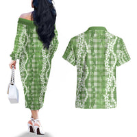 Hawaiian Ohia Lehua Lei Couples Matching Off The Shoulder Long Sleeve Dress and Hawaiian Shirt Plaid Palaka Omaomao Pattern LT9 - Polynesian Pride