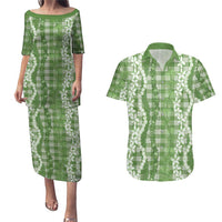 Hawaiian Ohia Lehua Lei Couples Matching Puletasi and Hawaiian Shirt Plaid Palaka Omaomao Pattern LT9 Green - Polynesian Pride