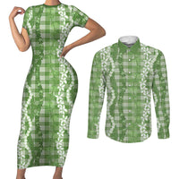 Hawaiian Ohia Lehua Lei Couples Matching Short Sleeve Bodycon Dress and Long Sleeve Button Shirt Plaid Palaka Omaomao Pattern - Polynesian Pride