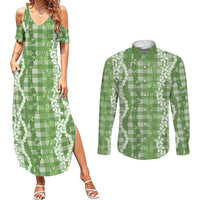 Hawaiian Ohia Lehua Lei Couples Matching Summer Maxi Dress and Long Sleeve Button Shirt Plaid Palaka Omaomao Pattern LT9 Green - Polynesian Pride