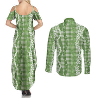 Hawaiian Ohia Lehua Lei Couples Matching Summer Maxi Dress and Long Sleeve Button Shirt Plaid Palaka Omaomao Pattern LT9 - Polynesian Pride