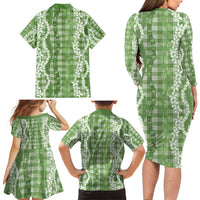 Hawaiian Ohia Lehua Lei Family Matching Long Sleeve Bodycon Dress and Hawaiian Shirt Plaid Palaka Omaomao Pattern - Polynesian Pride