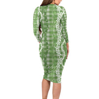 Hawaiian Ohia Lehua Lei Family Matching Long Sleeve Bodycon Dress and Hawaiian Shirt Plaid Palaka Omaomao Pattern - Polynesian Pride