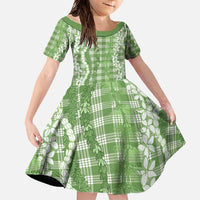 Hawaiian Ohia Lehua Lei Family Matching Off The Shoulder Long Sleeve Dress and Hawaiian Shirt Plaid Palaka Omaomao Pattern - Polynesian Pride