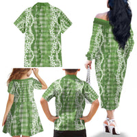 Hawaiian Ohia Lehua Lei Family Matching Off The Shoulder Long Sleeve Dress and Hawaiian Shirt Plaid Palaka Omaomao Pattern - Polynesian Pride