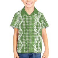 Hawaiian Ohia Lehua Lei Family Matching Off The Shoulder Long Sleeve Dress and Hawaiian Shirt Plaid Palaka Omaomao Pattern LT9 - Polynesian Pride