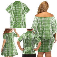 Hawaiian Ohia Lehua Lei Family Matching Off Shoulder Short Dress and Hawaiian Shirt Plaid Palaka Omaomao Pattern - Polynesian Pride