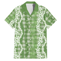 Hawaiian Ohia Lehua Lei Family Matching Puletasi and Hawaiian Shirt Plaid Palaka Omaomao Pattern LT9 Dad's Shirt - Short Sleeve Green - Polynesian Pride