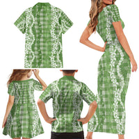 Hawaiian Ohia Lehua Lei Family Matching Short Sleeve Bodycon Dress and Hawaiian Shirt Plaid Palaka Omaomao Pattern LT9 - Polynesian Pride