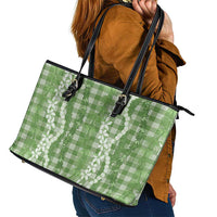 Hawaiian Ohia Lehua Lei Leather Tote Bag Plaid Palaka Omaomao Pattern - Polynesian Pride