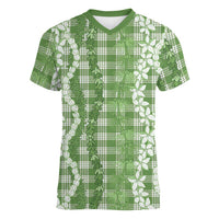 Hawaiian Ohia Lehua Lei Women V-Neck T-Shirt Plaid Palaka Omaomao Pattern LT9 Female Green - Polynesian Pride