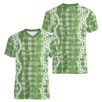 Hawaiian Ohia Lehua Lei Women V-Neck T-Shirt Plaid Palaka Omaomao Pattern LT9 - Polynesian Pride