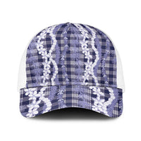 Hawaiian Ohia Lehua Lei Baseball Net Cap Plaid Palaka Uliuli hohonu Pattern LT9 One Size White Navy - Polynesian Pride