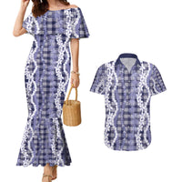 Hawaiian Ohia Lehua Lei Couples Matching Mermaid Dress and Hawaiian Shirt Plaid Palaka Uliuli hohonu Pattern LT9 Navy - Polynesian Pride