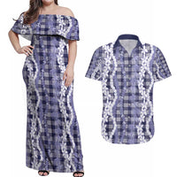 Hawaiian Ohia Lehua Lei Couples Matching Off Shoulder Maxi Dress and Hawaiian Shirt Plaid Palaka Uliuli hohonu Pattern LT9 Navy - Polynesian Pride