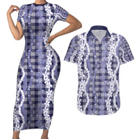 Hawaiian Ohia Lehua Lei Couples Matching Short Sleeve Bodycon Dress and Hawaiian Shirt Plaid Palaka Uliuli hohonu Pattern LT9 Navy - Polynesian Pride