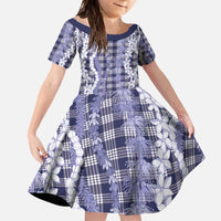 Hawaiian Ohia Lehua Lei Family Matching Off The Shoulder Long Sleeve Dress and Hawaiian Shirt Plaid Palaka Uliuli hohonu Pattern LT9 Daughter's Dress Navy - Polynesian Pride