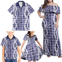 Hawaiian Ohia Lehua Lei Family Matching Off Shoulder Maxi Dress and Hawaiian Shirt Plaid Palaka Uliuli hohonu Pattern - Polynesian Pride