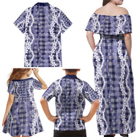 Hawaiian Ohia Lehua Lei Family Matching Off Shoulder Maxi Dress and Hawaiian Shirt Plaid Palaka Uliuli hohonu Pattern - Polynesian Pride