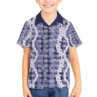 Hawaiian Ohia Lehua Lei Family Matching Off Shoulder Short Dress and Hawaiian Shirt Plaid Palaka Uliuli hohonu Pattern - Polynesian Pride