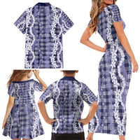 Hawaiian Ohia Lehua Lei Family Matching Short Sleeve Bodycon Dress and Hawaiian Shirt Plaid Palaka Uliuli hohonu Pattern - Polynesian Pride