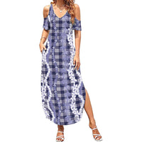 Hawaiian Ohia Lehua Lei Family Matching Summer Maxi Dress and Hawaiian Shirt Plaid Palaka Uliuli hohonu Pattern - Polynesian Pride