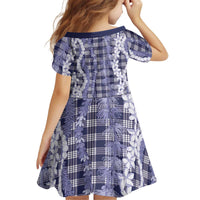 Hawaiian Ohia Lehua Lei Kid Short Sleeve Dress Plaid Palaka Uliuli hohonu Pattern - Polynesian Pride
