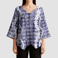 Hawaiian Ohia Lehua Lei Kimono Sleeve Blouse Plaid Palaka Uliuli hohonu Pattern - Polynesian Pride