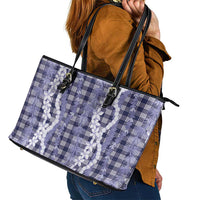 Hawaiian Ohia Lehua Lei Leather Tote Bag Plaid Palaka Uliuli hohonu Pattern - Polynesian Pride