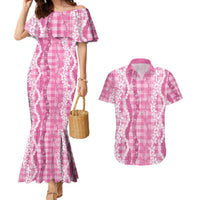 Hawaiian Ohia Lehua Lei Couples Matching Mermaid Dress and Hawaiian Shirt Plaid Palaka Akala Pattern LT9 Pink - Polynesian Pride