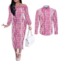Hawaiian Ohia Lehua Lei Couples Matching Off The Shoulder Long Sleeve Dress and Long Sleeve Button Shirt Plaid Palaka Akala Pattern - Polynesian Pride