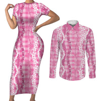Hawaiian Ohia Lehua Lei Couples Matching Short Sleeve Bodycon Dress and Long Sleeve Button Shirt Plaid Palaka Akala Pattern LT9 Pink - Polynesian Pride