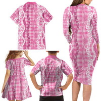 Hawaiian Ohia Lehua Lei Family Matching Long Sleeve Bodycon Dress and Hawaiian Shirt Plaid Palaka Akala Pattern LT9 - Polynesian Pride