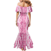 Hawaiian Ohia Lehua Lei Family Matching Mermaid Dress and Hawaiian Shirt Plaid Palaka Akala Pattern - Polynesian Pride