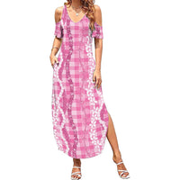 Hawaiian Ohia Lehua Lei Family Matching Summer Maxi Dress and Hawaiian Shirt Plaid Palaka Akala Pattern - Polynesian Pride