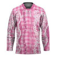 Hawaiian Ohia Lehua Lei Hockey Jersey Plaid Palaka Akala Pattern LT9 Unisex Pink - Polynesian Pride
