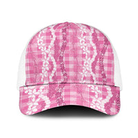 Hawaiian Ohia Lehua Lei Mesh Trucker Cap Plaid Palaka Akala Pattern LT9 One Size White Pink - Polynesian Pride