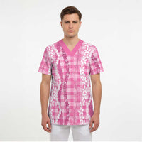 Hawaiian Ohia Lehua Lei Scrub Top Plaid Palaka Akala Pattern - Polynesian Pride