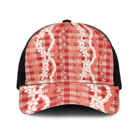 Hawaiian Ohia Lehua Lei Baseball Net Cap Plaid Palaka Ulaula Pattern - Polynesian Pride