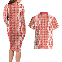 Hawaiian Ohia Lehua Lei Couples Matching Long Sleeve Bodycon Dress and Hawaiian Shirt Plaid Palaka Ulaula Pattern LT9 - Polynesian Pride