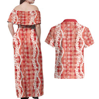 Hawaiian Ohia Lehua Lei Couples Matching Off Shoulder Maxi Dress and Hawaiian Shirt Plaid Palaka Ulaula Pattern LT9 - Polynesian Pride
