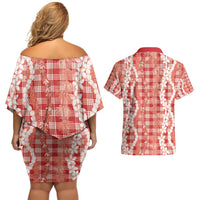 Hawaiian Ohia Lehua Lei Couples Matching Off Shoulder Short Dress and Hawaiian Shirt Plaid Palaka Ulaula Pattern LT9 - Polynesian Pride