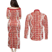 Hawaiian Ohia Lehua Lei Couples Matching Puletasi and Long Sleeve Button Shirt Plaid Palaka Ulaula Pattern - Polynesian Pride