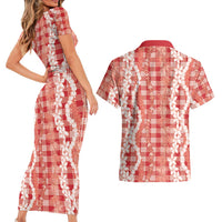 Hawaiian Ohia Lehua Lei Couples Matching Short Sleeve Bodycon Dress and Hawaiian Shirt Plaid Palaka Ulaula Pattern LT9 - Polynesian Pride