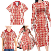 Hawaiian Ohia Lehua Lei Family Matching Long Sleeve Bodycon Dress and Hawaiian Shirt Plaid Palaka Ulaula Pattern - Polynesian Pride