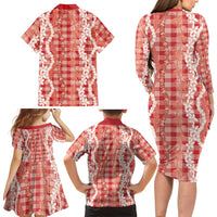 Hawaiian Ohia Lehua Lei Family Matching Long Sleeve Bodycon Dress and Hawaiian Shirt Plaid Palaka Ulaula Pattern LT9 - Polynesian Pride