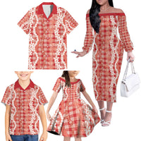 Hawaiian Ohia Lehua Lei Family Matching Off The Shoulder Long Sleeve Dress and Hawaiian Shirt Plaid Palaka Ulaula Pattern - Polynesian Pride