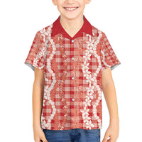 Hawaiian Ohia Lehua Lei Family Matching Off Shoulder Maxi Dress and Hawaiian Shirt Plaid Palaka Ulaula Pattern - Polynesian Pride